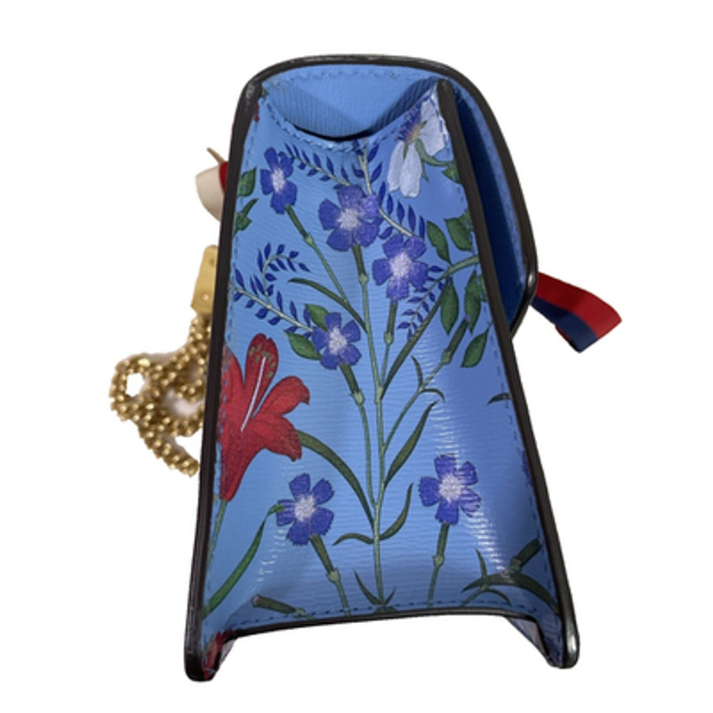 Gucci Sylvie Azure Blue Flora Chain Strap Leather Shoulder Bag #431666 L/N - Picture 7 of 14